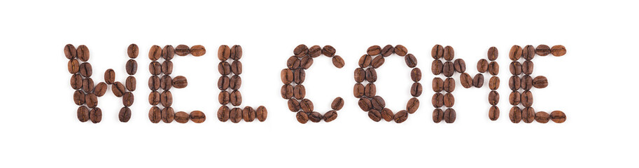High resolution roasted coffee beans arranged in letters on white background for coffee menus or cafe signs