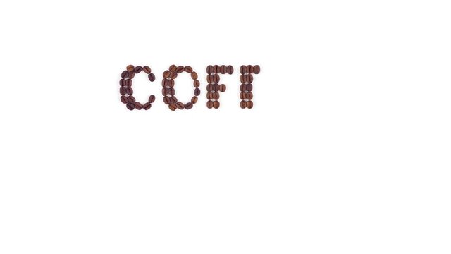 Stop motion set of animation roasted coffee beans arranged in word ‘COFFEE BREAK’ on white background.