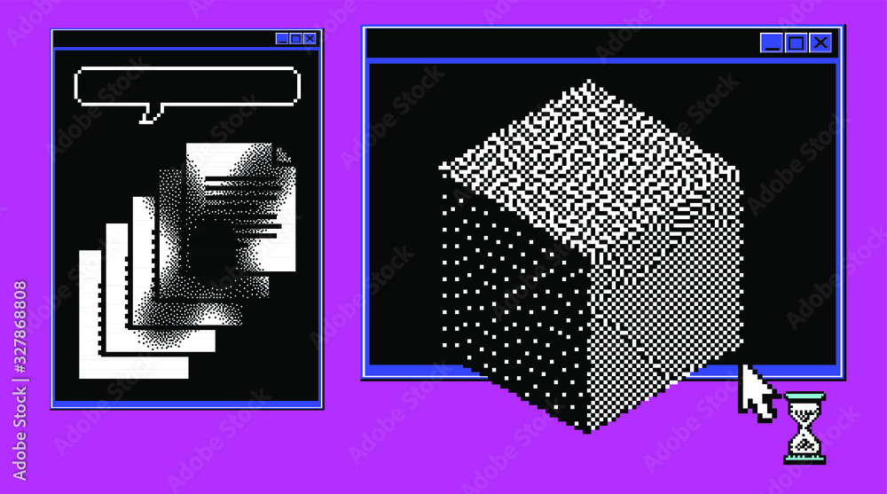 Poster surreal collage in pixel art style with console window and 3d cube. vaporwave and retrowave aestheti