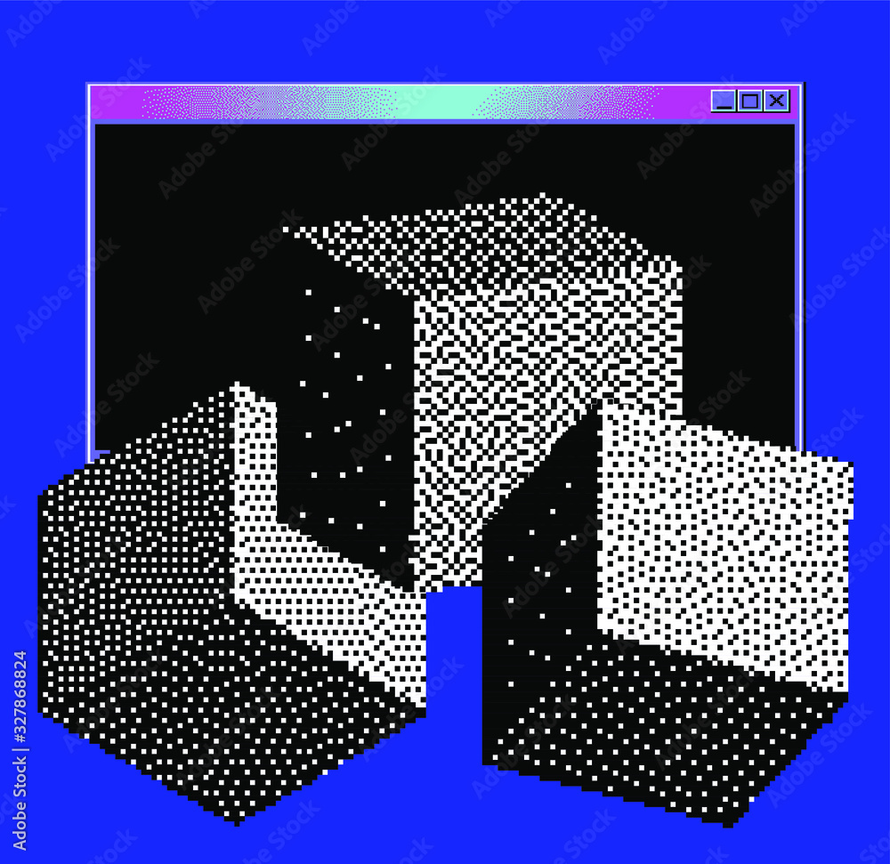 Poster surreal collage in pixel art style with console window and 3d cube. vaporwave and retrowave aestheti