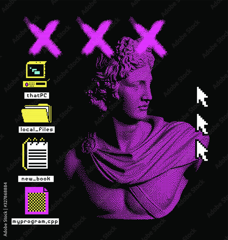 Poster Pixel art ilustration with retro 80's UI elements and statue of Apollo Belvedere. Vaporwave and retrowave style collage.