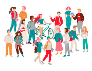 Fototapeta na wymiar Multicultural team. Group of young men and women communicates. Vector illustration