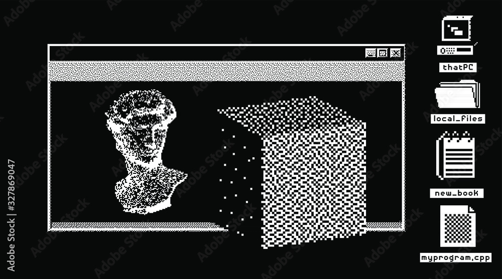 Poster Surreal collage in pixel art style with console window and 3d cube. Vaporwave and retrowave aesthetics.