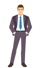 Smiling Businessman standing with hands in pockets. Full length portrait of Businessman in a flat style.