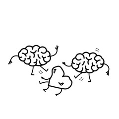 Two brains attacking heart on the ground. Vector concept illustration of sensitivity and feeling under attack of dominant mind | flat design linear infographic icon black on white background