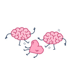 Two brains attacking heart on the ground. Vector concept illustration of sensitivity and feeling under attack of dominant mind | flat design linear infographic icon colorful on white background