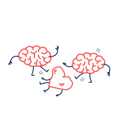 Two brains attacking heart on the ground. Vector concept illustration of sensitivity and feeling under attack of dominant mind | flat design linear infographic icon red and blue on white background