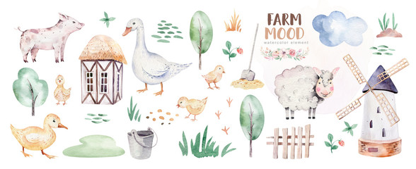 farms animal set mill. Cute domestic pets watercolor illustration. horse and goose. ranchp pig design with goat. rooster chicken and sheep, cow. - obrazy, fototapety, plakaty