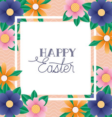 Happy easter flowers frame vector design