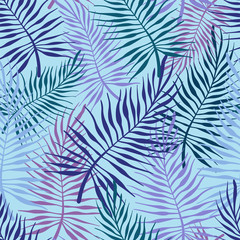 Fototapeta na wymiar Seamless vector pattern lined leaves ornament in violet and blue tones. Can be used for printing on paper, stickers, badges, bijouterie, cards, textiles. 