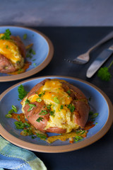 Twice Baked Potatoes with Bacon, Cheese and  Scallion. Potato in jacket. Vertical image
