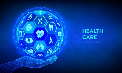 Health care and medical services concept. Emergency service Healthcare diagnosis and treatment. Abstract 3D sphere or globe with surface of hexagons with icons in wireframe hand. Vector illustration.