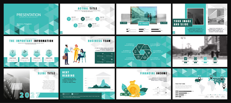 Business presentation turquoise, design template infographic elements on white background. Teamwork of people in the city, businessman. Use in presentation, corporate report leaflets, marketing banner
