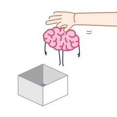 Hand putting brain out of the box. Vector concept illustration of unconventional thinking out of the box | flat design linear infographic icon colorful on white background