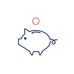 Conceptual vector piggy money bank icon | modern flat design marketing and business linear illustration and infographic concept red and blue on white background