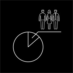 Conceptual vector population sample icon with pie chart at focus group of people | modern flat design marketing and business linear illustration and infographic concept white on black background