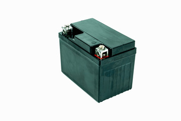 Motorcycle batteries are isolated on a white background. Motorcycle service