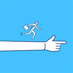 Moving forward. Vector illustration of businessman running to goal on showing hand | modern flat design linear concept icon and infographic on blue background