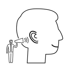Listening. Vector illustration of businessman speaking to ear | modern flat design linear concept icon and infographic black on white background