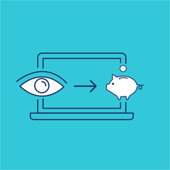 Conceptual vector of web page impression or pay per click ppc icon with computer pig and eye | modern flat design marketing and business linear illustration and infographic concept on blue background