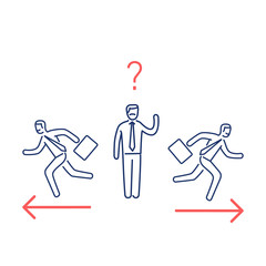 Indecision. Vector illustration of confused businessman choosing the right way | modern flat design linear concept icon and infographic red and blue on white background