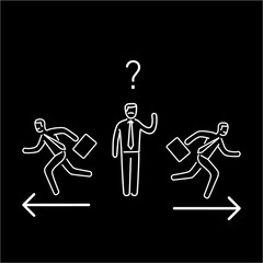 Indecision. Vector illustration of confused businessman choosing the right way | modern flat design linear concept icon and infographic white on black background