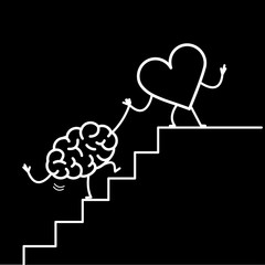 heart helping hand brain to success. Vector concept illustration of heart cooperation with brain on stairs to goal | flat design linear infographic icon white on black background