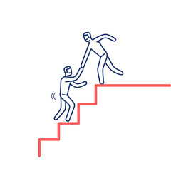 Helping hand. Vector illustration of businessman supporting on the way up on stairs | modern flat design linear concept icon and infographic red and blue on white background