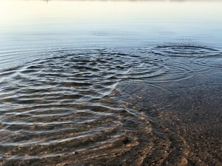 circles on the water on the lake in the sunset