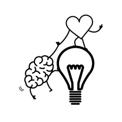 Brain and heart cooperation and teamwork. Vector concept illustration of mind and feelings, heart helps to climb brain on idea bulb | flat design linear infographic icon black on white background