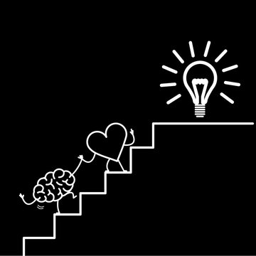 heart leading brain to success. Vector concept illustration of heart cooperation and teamwork with brain on stairs to goal new idea bulb | flat design linear infographic icon white on black background
