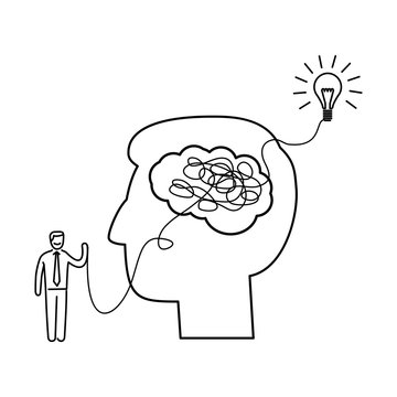 Direction. Vector illustration of creative businessman finding the right way forward to idea in brain labyrinth | modern flat design linear concept icon and infographic black on white background