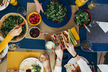 top view of table served with vegan or vegetarian meal food