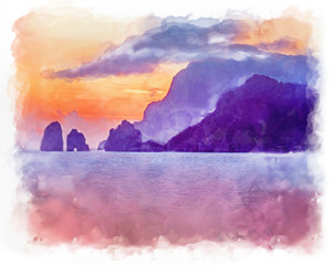 Watercolor illustration of Capri Island near Naples, Italy. Beautiful color image of a landscape with sea, mountains and bright sky. 
