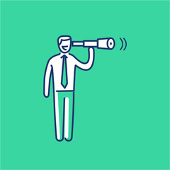 View. Vector business illustration businessman with telescope | modern flat design linear concept icon and infographic red and blue on green background
