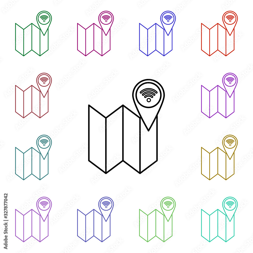 Poster wifi signal in map pin multi color style icon. simple thin line, outline vector of sosial media netw