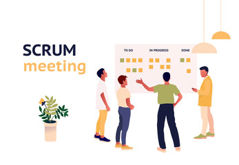 Stand-up meeting vector illustration. Agile and scrum methodology. Scrum master with developer team. Kanban whiteboard with stickers. Trendy flat style illustration. - obrazy, fototapety, plakaty
