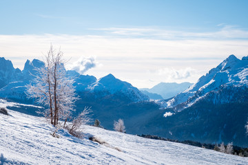 Sunny winter landscape at Ski Area in Dolomites, Italy - Alpe Lusia. Ski resort in val di Fassa near Moena