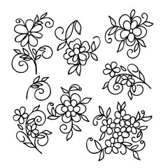 Collection cartoon flowers. Floral elements for wedding design, birthday, womens holiday, Valentines day. Vector hand drawn doodle illustration. Pattern for design book, wrapping organic cosmetic