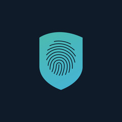 Finger Print Security Shield Logo Design Element. Security protection Concept. Stock Vector illustration isolated on blue background.