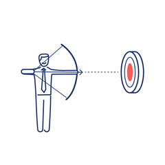 Aiming target. Vector business illustration of businessman with bow and arrow focusing on goal | modern flat design linear concept icon and infographic red and blue on white background