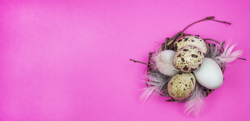Easter eggs. Happy easter card. Easter eggs on a pink wooden background. Happy easter. Tulips. Macro. Banner. Copy space