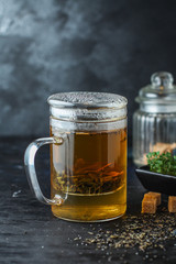 green tea large leaf freshly brewed (aromatic drink) menu concept background. top view. copy space