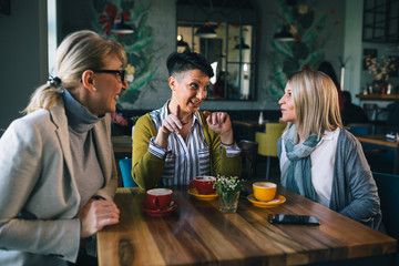 mid aged woman friends talking and drinking coffee in cafe