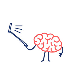 Brain taking selfie with selfie stick| flat design linear infographic icon red and blue on white background