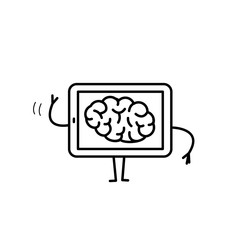 Brain in tablet. Vector concept illustration of mind inside technology | flat design linear infographic icon black on white background