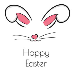 Easter bunny cute vector illustration drawn by hand. Bunny face, ears and tiny muzzle with whiskers isolated on white background. Happy Easter greeting card