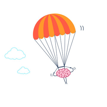 Brain flying on parachute. Vector concept illustration of inventive and creative mind | flat design linear infographic icon colorful on white backgroun