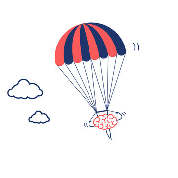 Brain flying on parachute. Vector concept illustration of inventive and creative mind | flat design linear infographic icon red and blue on white background