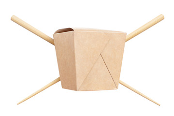 Wok carton box with crossed chopsticks behind, isolated on white background